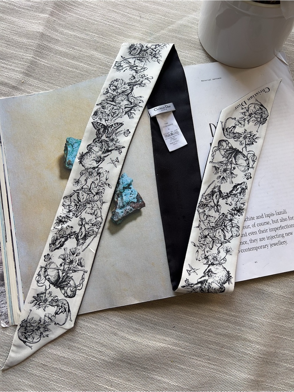 Christian Dior Silk Zodiac Mitzah Scarf White Black